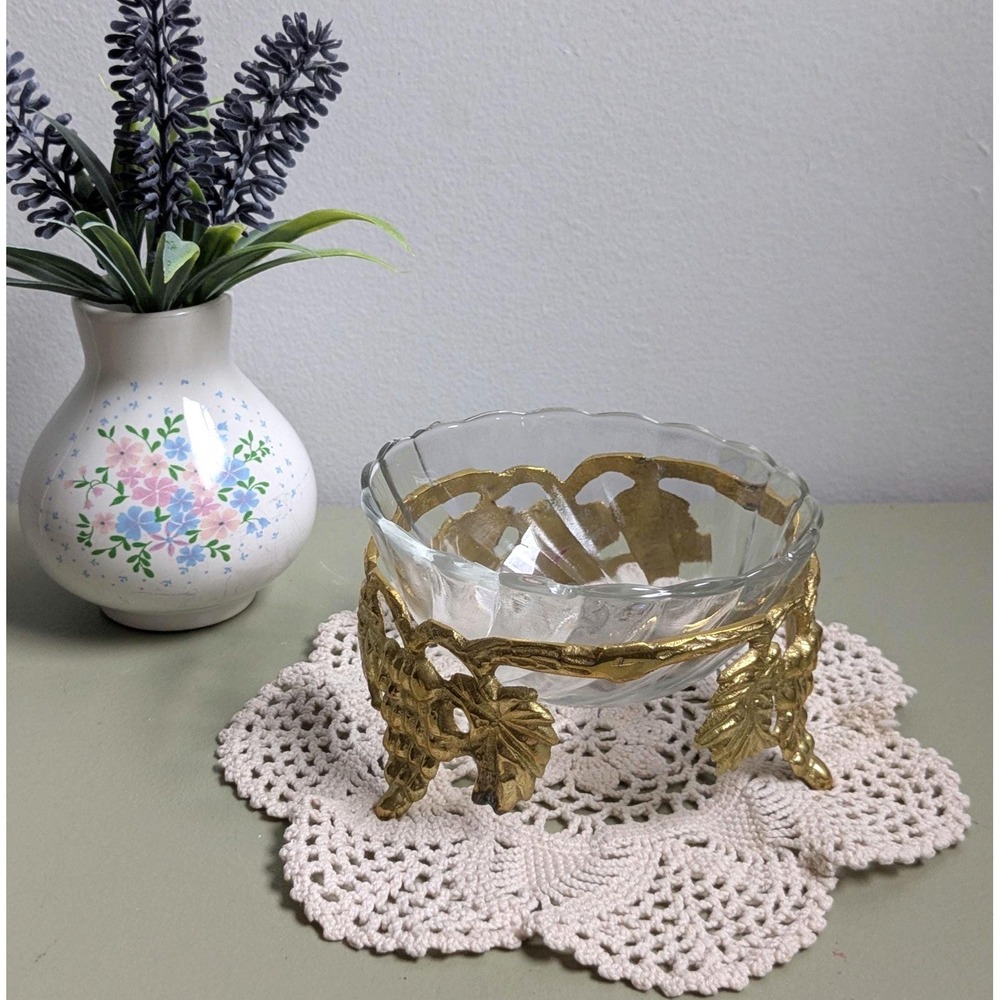Vintage Crystal Bowl with‎ Brass Grape Stand, Made in India, Hollywood Regency